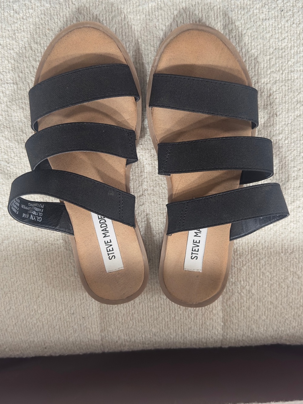 Steve Madden Black Triple Strap Slide Sandals with Tan Footbed